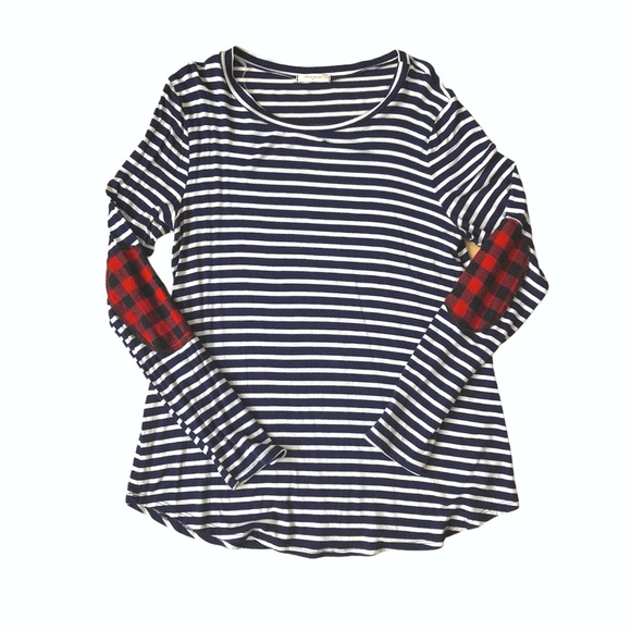 Tops - Navy Striped Plaid Patched Long Sleeve